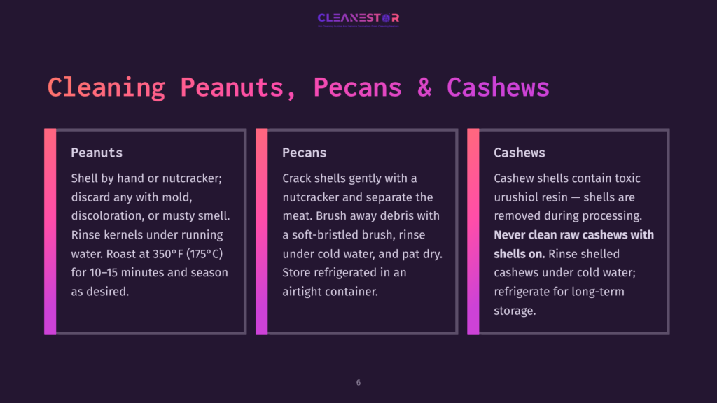 A Dark Purple Background With Three Columns Detailing How To Clean Peanuts, Pecans, And Cashews. The Text Includes Instructions Like &Quot;Shell By Hand,&Quot; &Quot;Crack Shells Gently,&Quot; And &Quot;Never Clean Raw Cashews With Shells On.