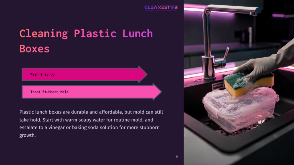 A Hand In A White Glove Scrubs A Clear Plastic Lunch Box Filled With Soapy Water In A Modern Kitchen Sink With Purple Lighting. Text Overlay Reads &Quot;Cleaning Plastic Lunch Boxes&Quot; And &Quot;Wash &Amp; Scrub&Quot; Or &Quot;Treat Stubborn Mold&Quot;.