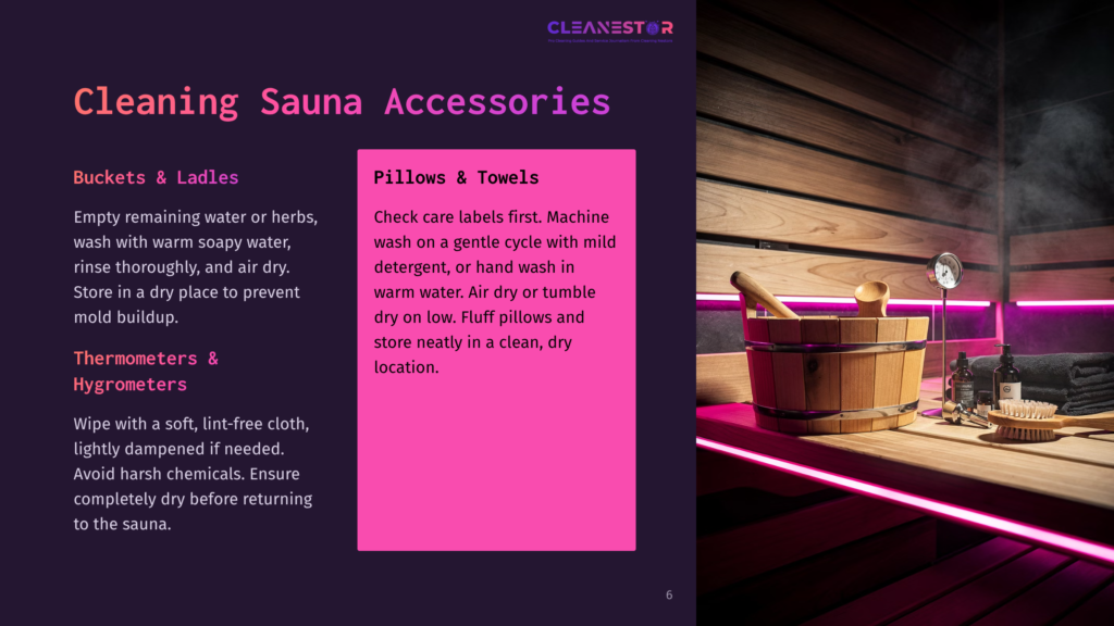 A Steaming Sauna Interior With Wooden Walls, Pink Led Lighting, And Cleaning Accessories Including Buckets, Ladles, Thermometers, And Towels. Text Overlay Reads: &Quot;Cleanestor Cleaning Sauna Accessories&Quot;.