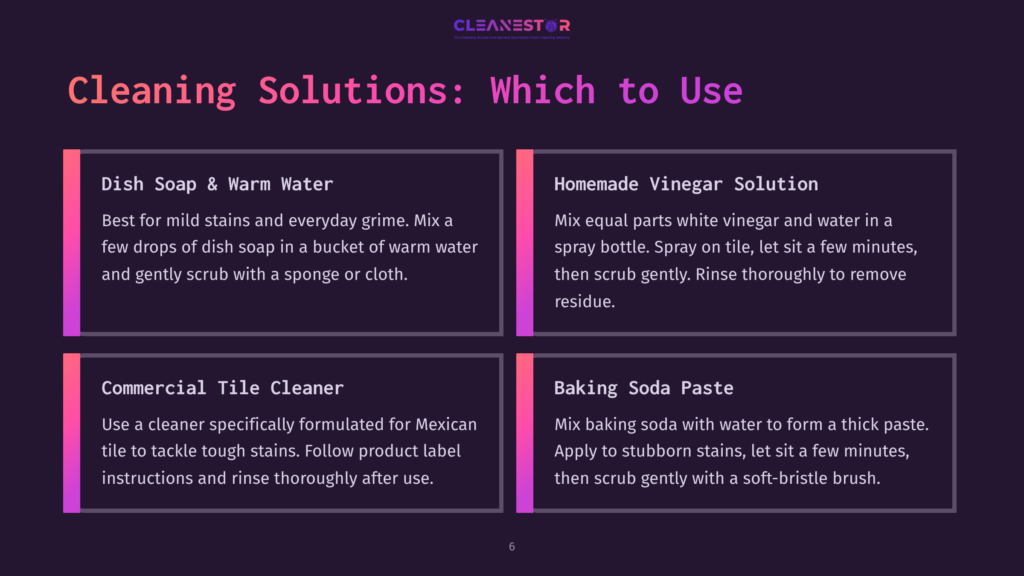 Cleaning Solutions: Which To Use - A Guide Detailing Dish Soap And Warm Water, Homemade Vinegar Solution, Commercial Tile Cleaner, And Baking Soda Paste For Cleaning Tasks.