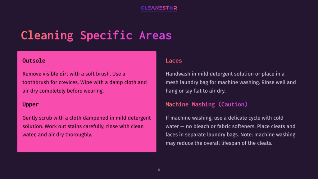 6 Cleaning Specific Areas Cleaning Specific Areas: Outsole Cleaning With A Soft Brush And Damp Cloth. Upper Cleaning With A Cloth Dampened In Mild Detergent Solution. Laces Handwashed In Mild Detergent, Machine Washed In A Mesh Bag, And Air-Dried. Machine Washing Instructions For Shoes.