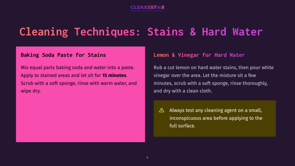 Presentation Slide Titled &Quot;Cleaning Techniques: Stains &Amp; Hard Water&Quot; With Two Columns. The Left Column, On A Pink Background, Details Baking Soda Paste For Stains. The Right Column, On A Dark Background, Explains Using Lemon And Vinegar For Hard Water Stains.