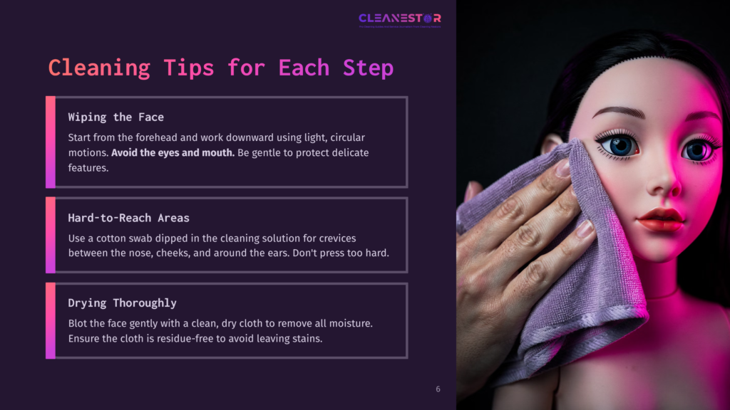 Close-Up Of A Woman&Amp;Apos;S Face Being Gently Wiped With A Purple Microfiber Cloth, Showing Cleaning Tips For Each Step: &Quot;Wiping The Face,&Quot; &Quot;Hard-To-Reach Areas,&Quot; And &Quot;Drying Thoroughly.