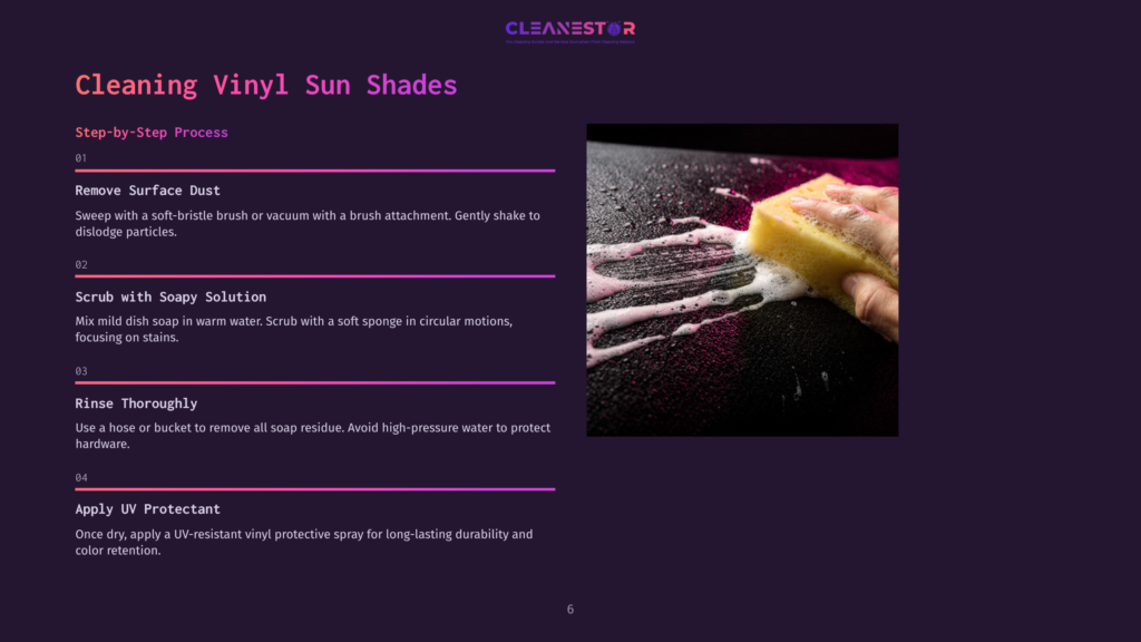 6 Cleaning Vinyl Sun Shades A Hand Scrubs A Textured Black Surface With A Yellow Sponge, Creating White Suds. The Black Surface Appears To Be A Vinyl Sunshade With A Dark, Out-Of-Focus Background.