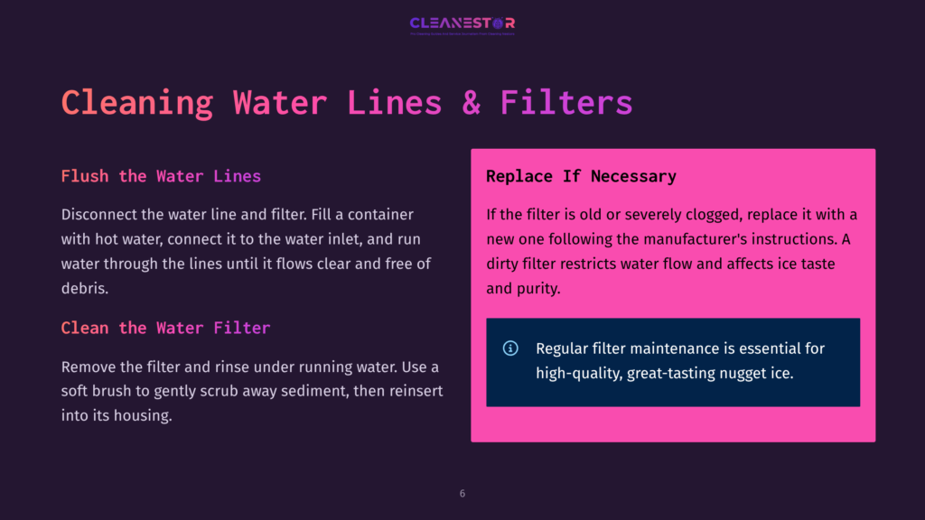 Infographic With Text: &Quot;Cleaning Water Lines &Amp; Filters.&Quot; Left Side Details Flushing Water Lines And Cleaning The Water Filter. Right Side Advises To Replace If Necessary And Highlights Regular Filter Maintenance For Quality Ice.