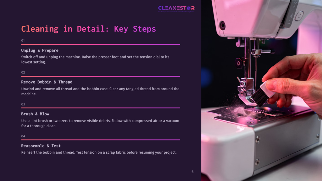 Close-Up Of A Hand Cleaning A Sewing Machine Needle Plate With A Small Brush, Surrounded By Loose Threads And Lint. Text Overlay Reads &Quot;Cleanestor Cleaning In Detail: Key Steps&Quot;.