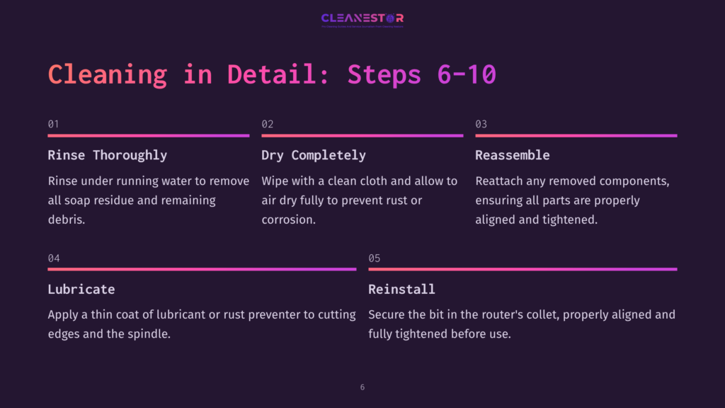 Infographic Detailing &Quot;Cleaning In Detail: Steps 6-10&Quot; Of A Router Bit Cleaning Process. Steps Include Rinse Thoroughly, Dry Completely, Reassemble, Lubricate, And Reinstall, With Accompanying Descriptions.