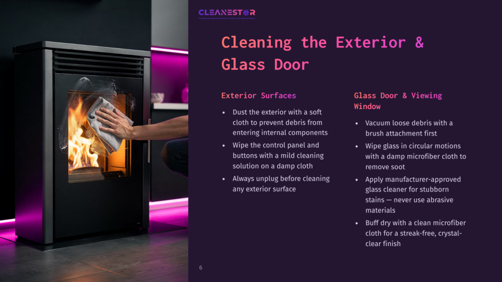 A Person Cleans The Glass Door Of A Black Pellet Stove With A Grey Cloth, Showing The Interior Fire. The Cleanestor Logo And Cleaning Instructions For Exterior Surfaces And Glass Doors Are Visible.