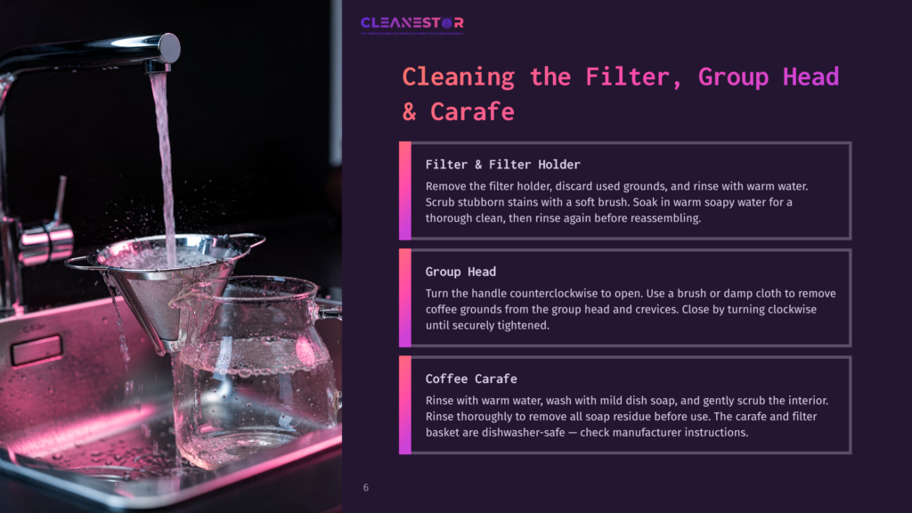 6 Cleaning The Filter Group Head And Carafe A Close-Up Of A Stainless Steel Coffee Filter Basket Being Rinsed Under A Modern Chrome Faucet With Pinkish Water. A Glass Carafe Sits Below, Collecting The Water.