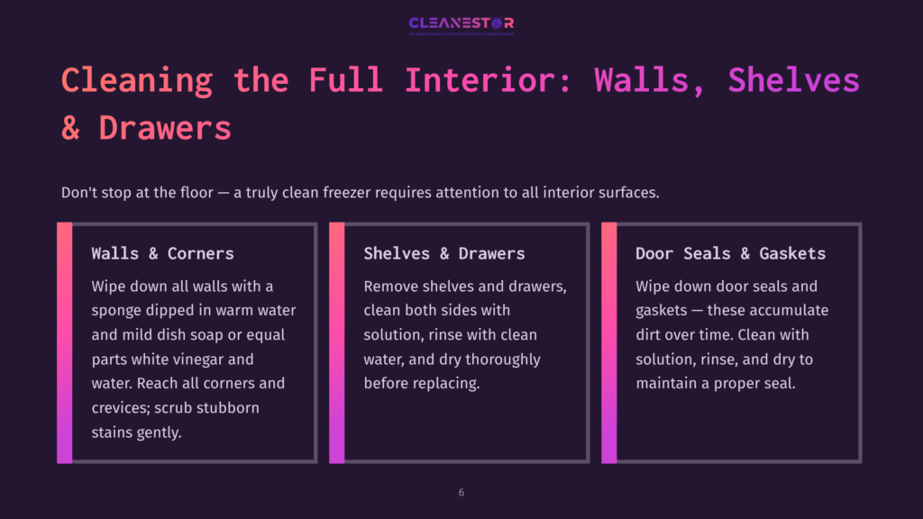 6 Cleaning The Full Interior Walls Shelves And Drawers Infographic Detailing How To Clean A Freezer Interior: Walls, Shelves, Drawers, Door Seals, And Gaskets. Text Provides Step-By-Step Instructions Using Mild Soap And Vinegar.