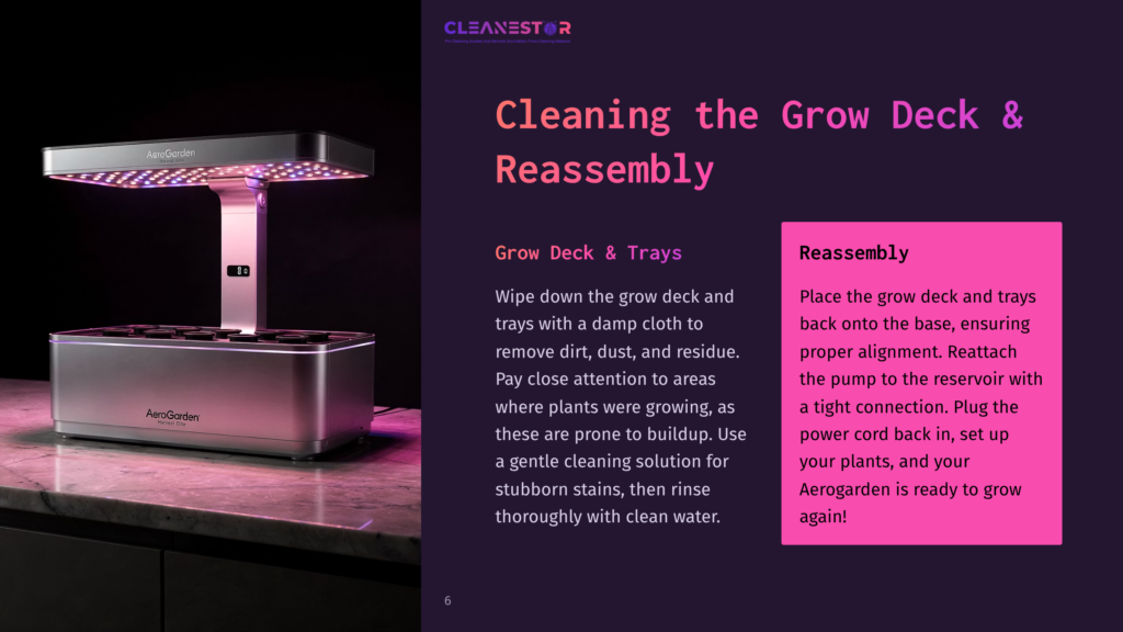 6 Cleaning The Grow Deck And Reassembly Aerogarden Countertop Hydroponic Garden With Led Grow Light, Set On A Marble Countertop. Text Overlays Describe Cleaning And Reassembly Steps For The Aerogarden Unit.