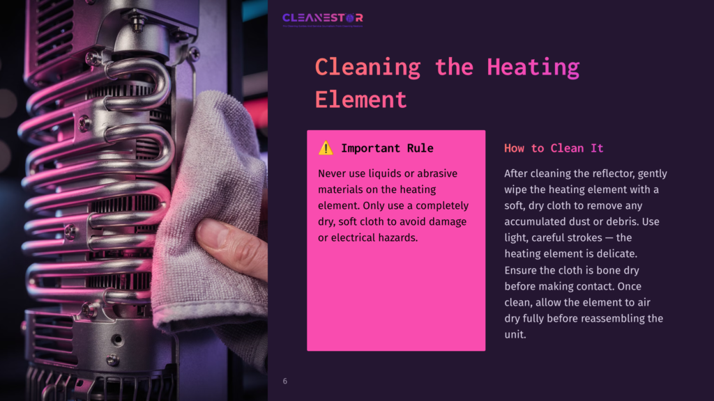 Close-Up Of A Hand Gently Wiping A Metal Heating Element With A Soft, Grey Cloth On A Complex Piece Of Industrial Equipment, With Text Overlay: &Quot;Cleaning The Heating Element&Quot; And &Quot;Important Rule&Quot;.