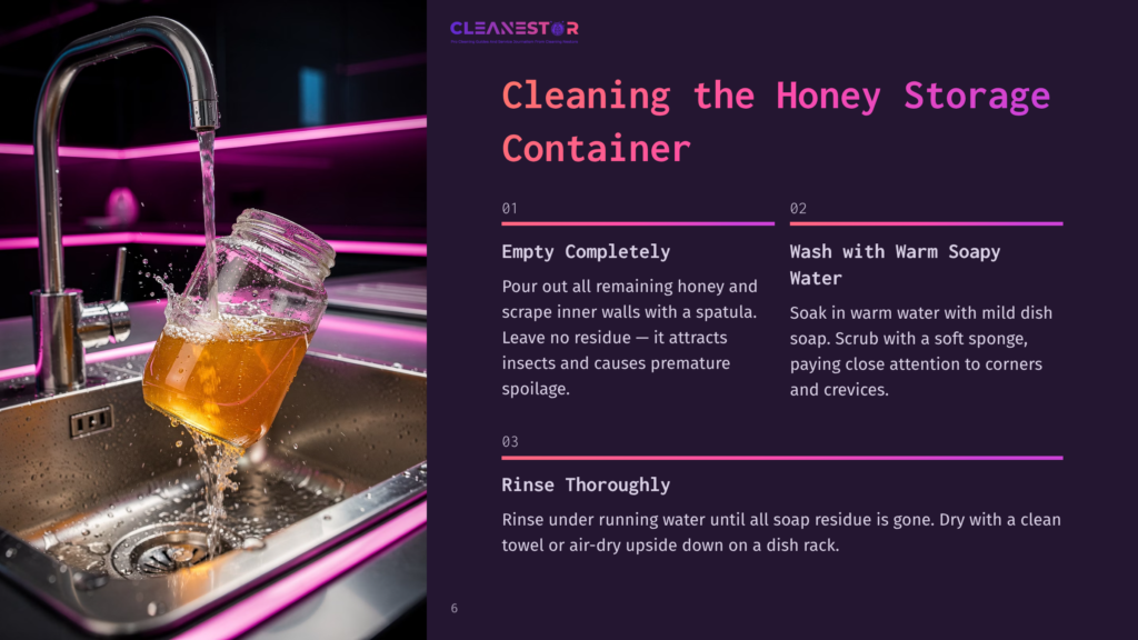 A Glass Honey Storage Container Being Rinsed Under A Faucet With Bright Pink Neon Lights, Showing Honey Residue Inside. Steps For Cleaning Include &Quot;Empty Completely,&Quot; &Quot;Wash With Warm Soapy Water,&Quot; And &Quot;Rinse Thoroughly.