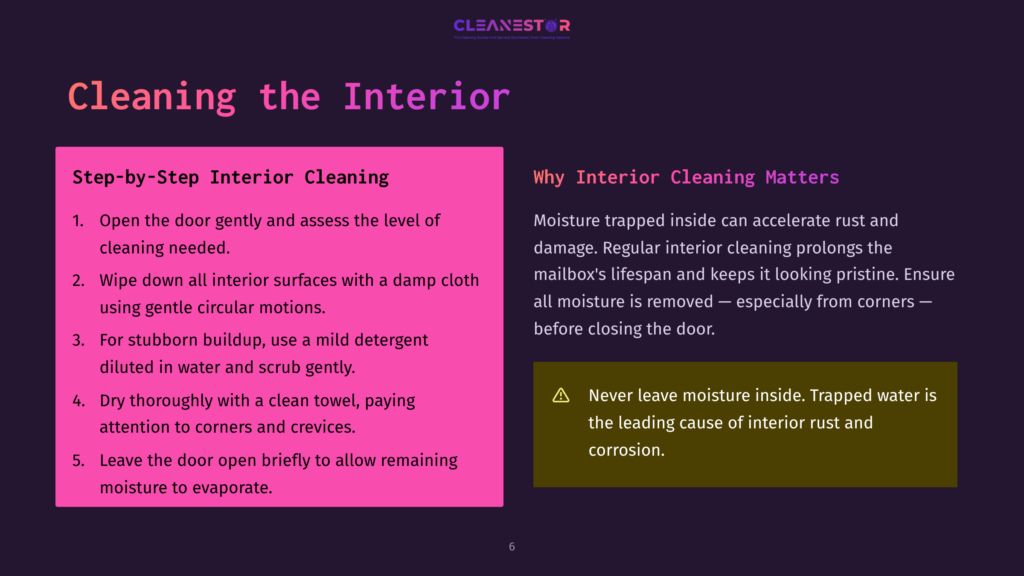 6 Cleaning The Interior A Graphic With The Title &Quot;Cleaning The Interior&Quot; And Step-By-Step Instructions For Interior Car Cleaning, Emphasizing Moisture Removal To Prevent Rust And Corrosion.