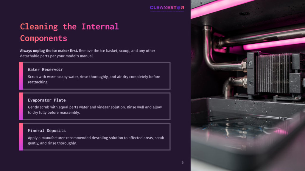 Close-Up Of Ice Maker Internal Components Being Cleaned: Water Reservoir, Evaporator Plate, And Mineral Deposits. Text Overlay Reads &Quot;Cleaning The Internal Components.
