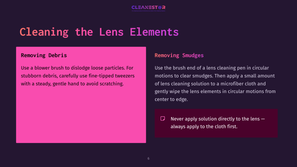 Two Panels Detail Lens Cleaning Tips: One On Removing Debris With A Blower Brush And Fine-Tipped Tweezers, The Other On Removing Smudges With A Lens Cleaning Pen And Microfiber Cloth. The Text &Quot;Cleanestor&Quot; Is At The Top.