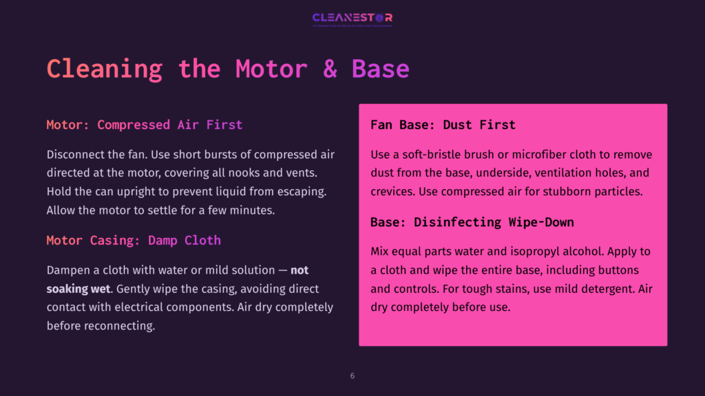 6 Cleaning The Motor And Base Cleaning The Motor And Base Of A Device. Instructions For Cleaning The Motor With Compressed Air And The Base With Dust-First Spray And Disinfectant Wipe-Down Are Provided.