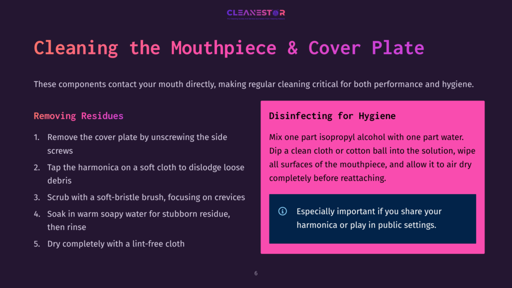 Cleaning The Mouthpiece &Amp; Cover Plate: Steps For Cleaning And Disinfecting A Harmonica, Including Removing Residues And Using Isopropyl Alcohol Solution.
