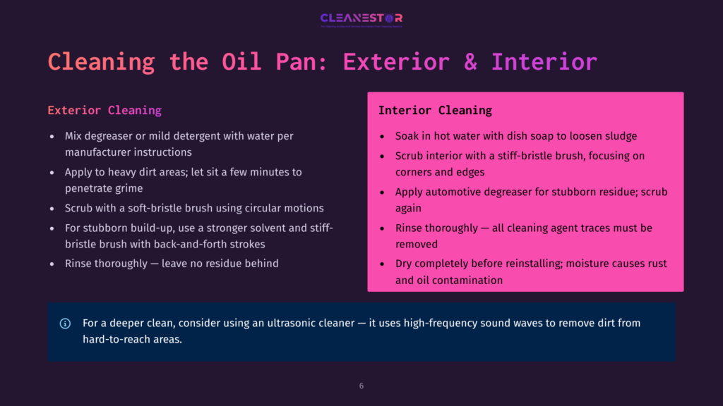 Cleaning The Oil Pan: Exterior &Amp; Interior. Left Side Lists Exterior Cleaning Steps: Degreaser, Heavy Dirt Areas, Soft-Bristle Brush, Stubborn Build-Up, Rinse. Right Side Lists Interior Cleaning Steps: Hot Water, Stiff-Bristle Brush, Automotive Degreaser, Rinse Thoroughly, Dry Completely. Bottom Text: For Deeper Clean, Use Ultrasonic Cleaner.