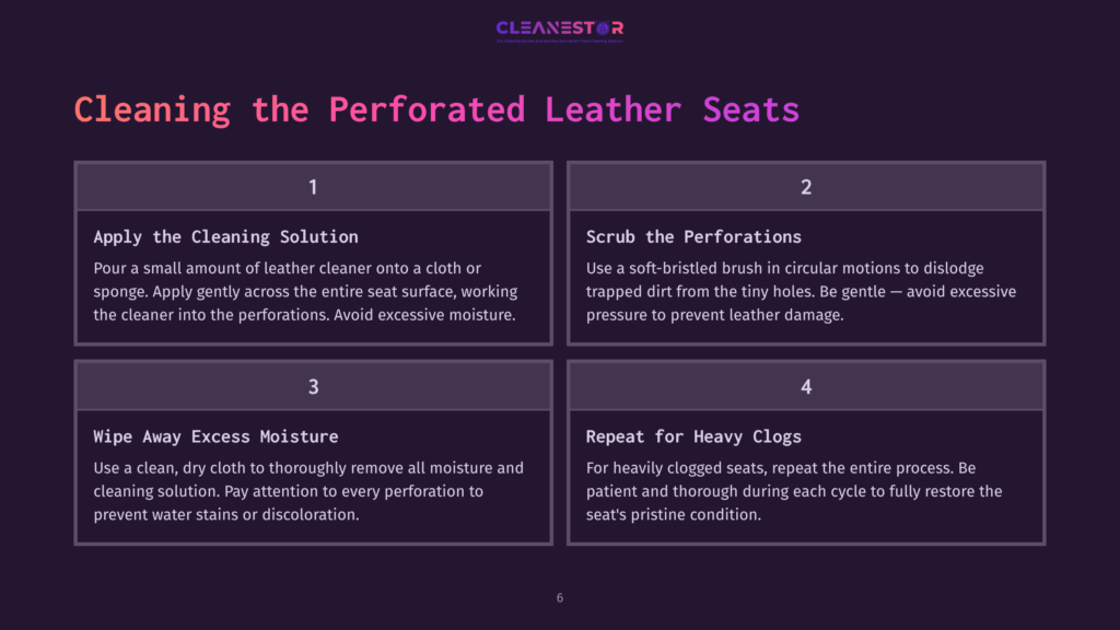 6 Cleaning The Perforated Leather Seats Infographic Detailing How To Clean Perforated Leather Seats: 1. Apply Cleaning Solution. 2. Scrub Perforations. 3. Wipe Away Excess Moisture. 4. Repeat For Heavy Clogs. Text Is White On A Dark Purple Background.
