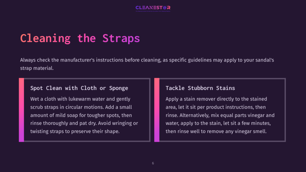 6 Cleaning The Straps Two Sections On A Dark Background With Text About Cleaning Straps. The Left Section, &Quot;Spot Clean With Cloth Or Sponge,&Quot; Advises On Washing Straps. The Right Section, &Quot;Tackle Stubborn Stains,&Quot; Suggests Using Vinegar For Tough Stains.