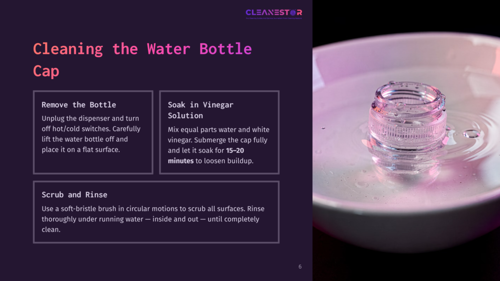 A Clear Glass Water Bottle Cap Is Submerged In A White Bowl Of Water And Vinegar Solution, With A Gentle Ripple Effect.