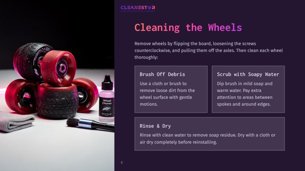 Close-Up Of Skateboard Wheels And A Bottle Of Wheel Cleaner, With A Brush And Cloth Nearby. The Wheels Are Red And Black, Showing Wear. Text On Bottle: &Quot;Wheel Cleaner.