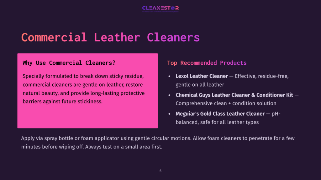 Cleanestor Logo With Text &Quot;Commercial Leather Cleaners&Quot; And A Pink Section Listing &Quot;Why Use Commercial Cleaners?&Quot; And &Quot;Top Recommended Products&Quot; Like Lexol, Chemical Guys, And Meguiar'S.