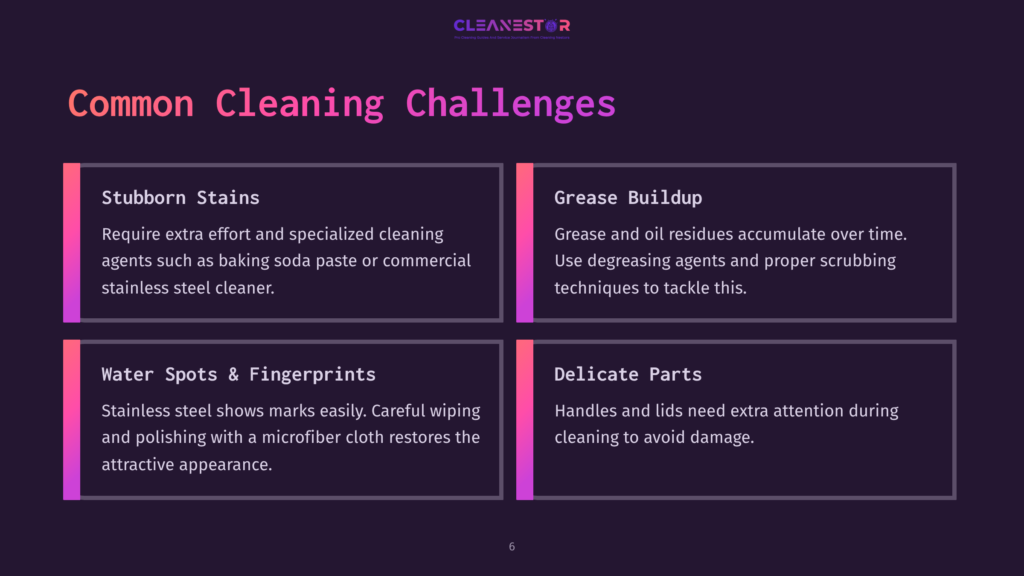 Cleanestor Logo On A Dark Purple Background, With The Title &Quot;Common Cleaning Challenges&Quot; In Large Pink Text. Four Sections Detail Challenges: Stubborn Stains, Grease Buildup, Water Spots &Amp; Fingerprints, And Delicate Parts.