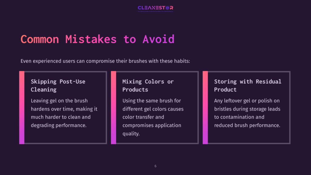 Infographic Titled &Quot;Common Mistakes To Avoid&Quot; Listing Three Common Mistakes When Cleaning Makeup Brushes: Skipping Post-Use Cleaning, Mixing Colors Or Products, And Storing With Residual Product.