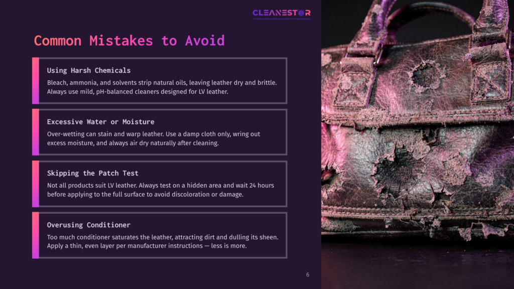 Close-Up Of A Severely Damaged Brown Leather Handbag With Peeling, Ripped, And Missing Material. Text Overlay Lists Common Mistakes To Avoid When Cleaning Leather, Including Harsh Chemicals, Over-Wetting, Skipping The Patch Test, And Overusing Conditioner.