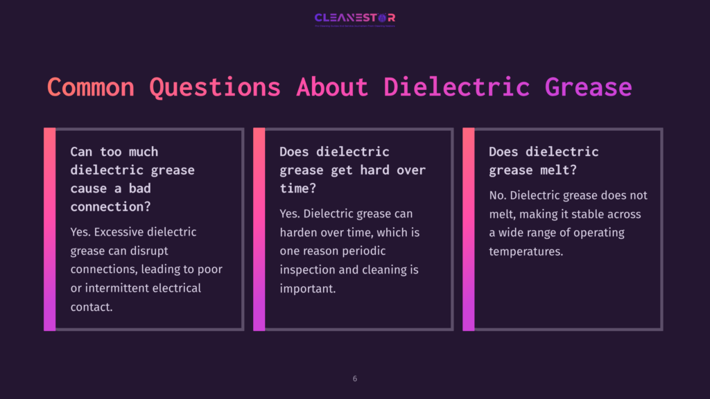 Cleanestor Slide On Common Questions About Dielectric Grease, Featuring Three Columns Answering &Quot;Can Too Much Dielectric Grease Cause A Bad Connection?&Quot;, &Quot;Does Dielectric Grease Get Hard Over Time?&Quot;, And &Quot;Does Dielectric Grease Melt?&Quot;.
