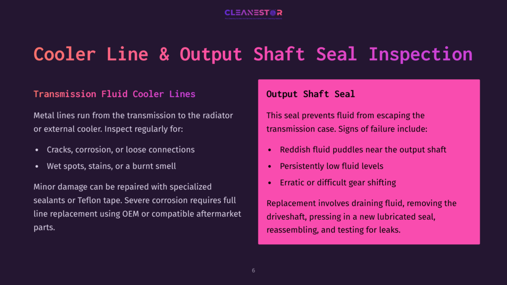 Presentation Slide Titled &Quot;Cooler Line &Amp; Output Shaft Seal Inspection&Quot; Detailing Inspection Points For Transmission Fluid Cooler Lines And Output Shaft Seals, Including Signs Of Failure Like Cracks, Corrosion, And Fluid Puddles.