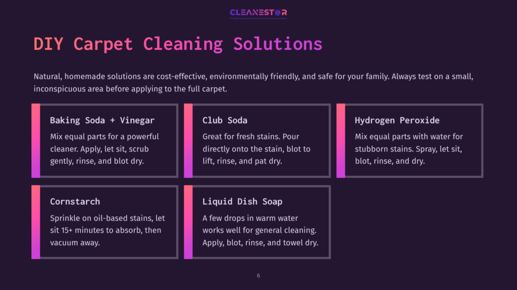 Diy Carpet Cleaning Solutions: Baking Soda + Vinegar, Club Soda, Hydrogen Peroxide, Cornstarch, And Liquid Dish Soap. Text Lists Homemade Carpet Stain Removal Methods.