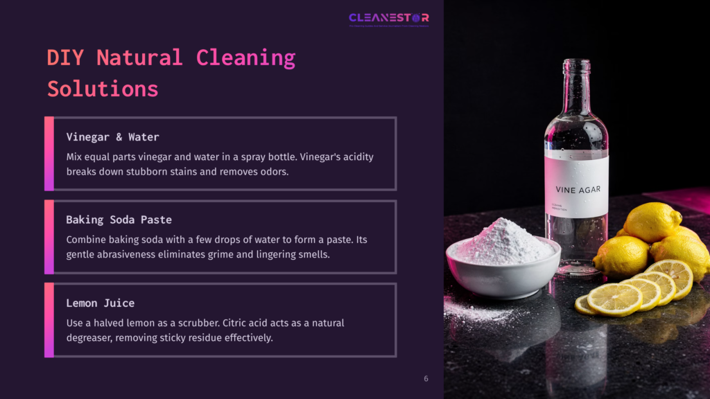 A Bottle Of &Quot;Vine Agar&Quot; Vinegar Sits Next To A Pile Of White Baking Soda And Sliced Lemons On A Dark, Speckled Surface. The Image Illustrates Natural Cleaning Solutions.