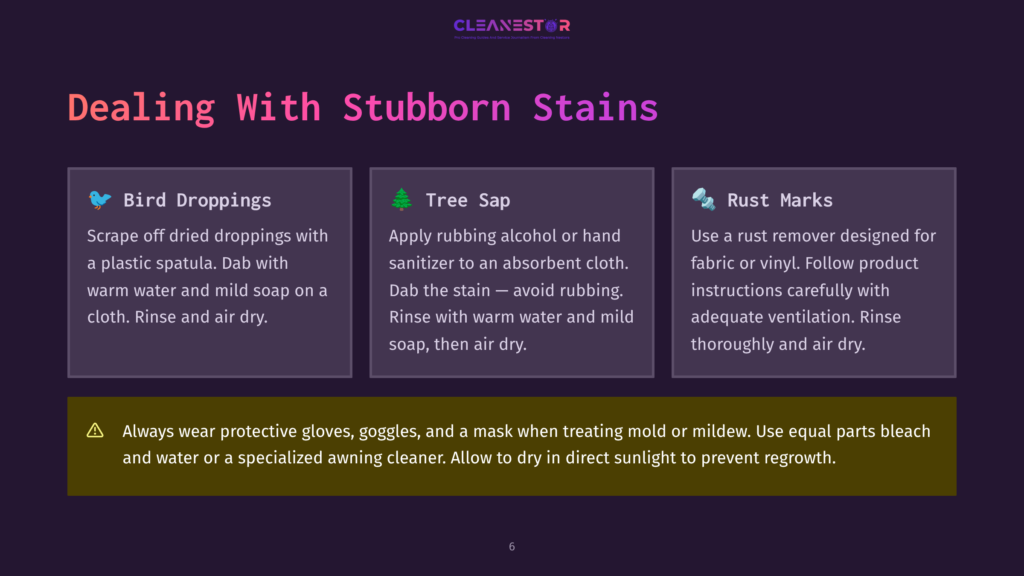 Dealing With Stubborn Stains: Bird Droppings, Tree Sap, And Rust Marks. Includes Tips For Cleaning, And A Warning About Protective Gear And Awning Cleaner.