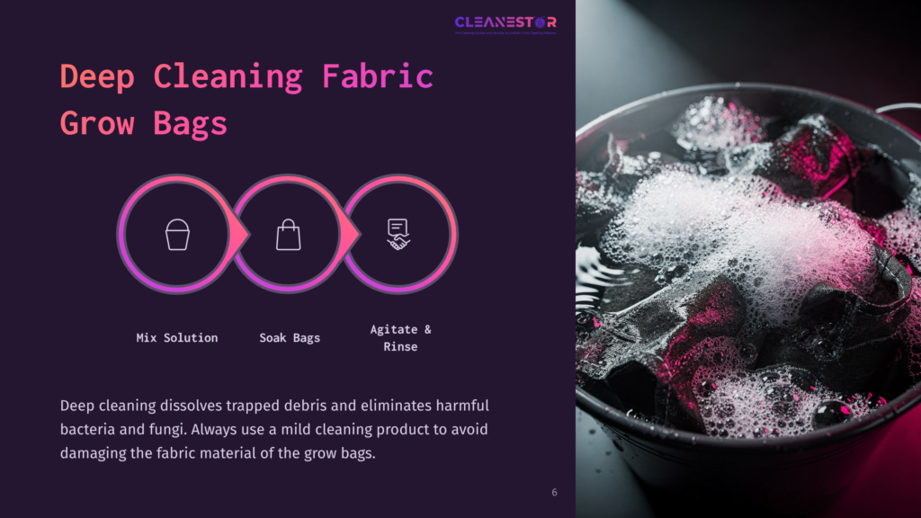 6 Deep Cleaning Fabric Grow Bags Diagram Showing Three Steps For Deep Cleaning Fabric Grow Bags: Mix Solution, Soak Bags, And Agitate &Amp; Rinse. Text: &Quot;Deep Cleaning Fabric Grow Bags.