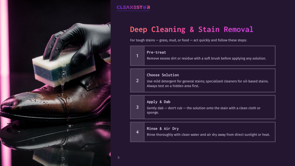 Deep Cleaning &Amp; Stain Removal Steps For Shoes: Pre-Treat, Choose Solution, Apply &Amp; Dab, Rinse &Amp; Air Dry. A Gloved Hand Cleans A Brown Leather Shoe.