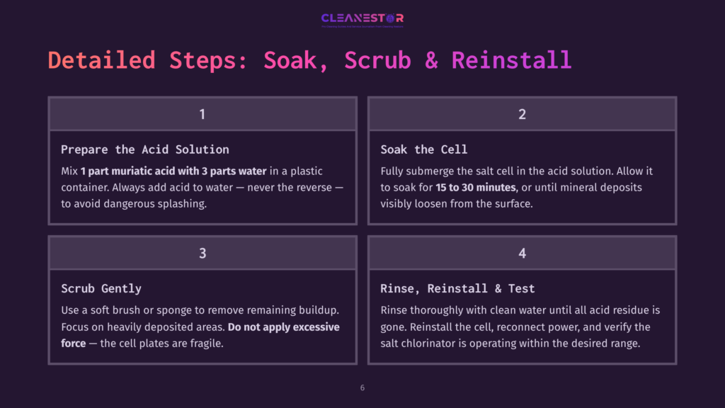 Infographic Detailing The 4 Steps To Clean A Salt Cell For A Pool Chlorinator: Prepare The Acid Solution, Soak The Cell, Scrub Gently, And Rinse, Reinstall &Amp; Test. The Steps Include Instructions On Mixing Muriatic Acid And Water, Soaking Duration, And Applying Gentle Force.
