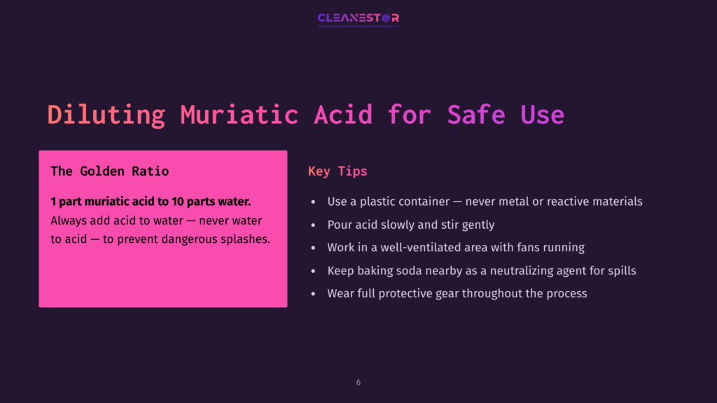 Presentation Slide Titled &Quot;Diluting Muriatic Acid For Safe Use&Quot; With The Golden Ratio Of 1 Part Muriatic Acid To 10 Parts Water. Key Tips For Safe Handling Are Listed, Including Using Plastic Containers And Wearing Protective Gear.