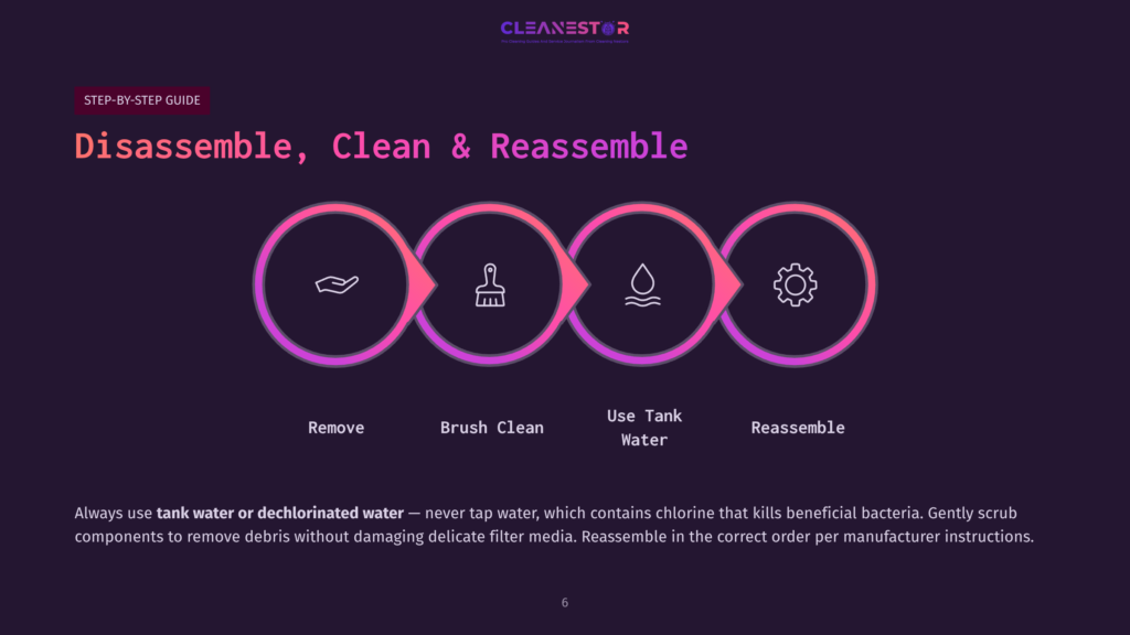 Step-By-Step Guide For Disassembling, Cleaning, And Reassembling A Filter: Remove, Brush Clean, Use Tank Water, And Reassemble. The Image Features A Purple Background With Four Interconnected Circular Icons Representing Each Step.