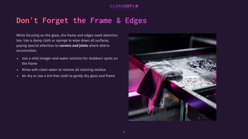 A Gray Cleaning Cloth Rests On The Wet, Black Frame Of A Glass Enclosure, With Water Droplets Visible. The Text &Quot;Cleanestor&Quot; Is At The Top.