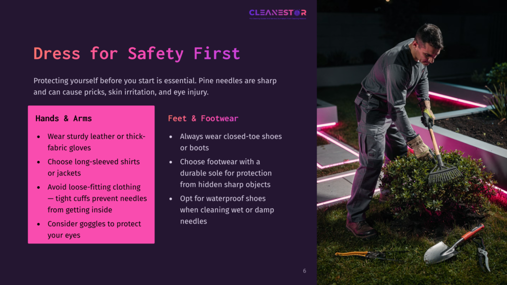 A Man In Work Clothes Rakes Leaves In A Garden At Night, Illuminated By Pink Led Lights. The Image Includes Text About Dressing For Safety, Including &Quot;Dress For Safety First,&Quot; &Quot;Hands &Amp; Arms,&Quot; And &Quot;Feet &Amp; Footwear.