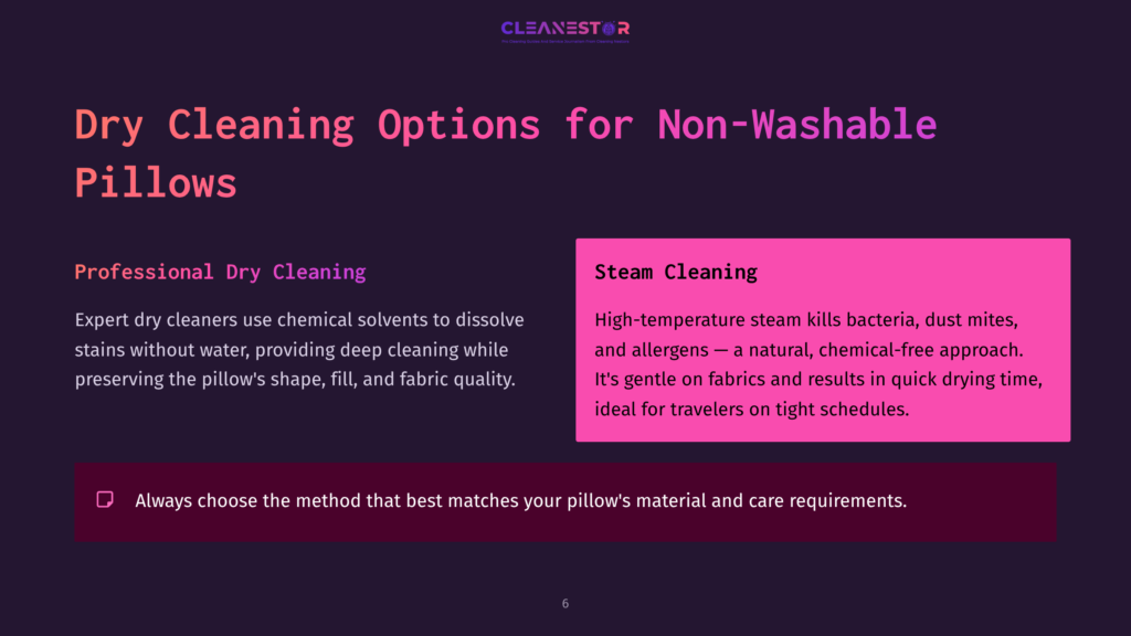 Cleanestor Logo Above Text Detailing Dry Cleaning And Steam Cleaning Options For Non-Washable Pillows, Emphasizing Expert Stain Removal And Gentle Fabric Care.