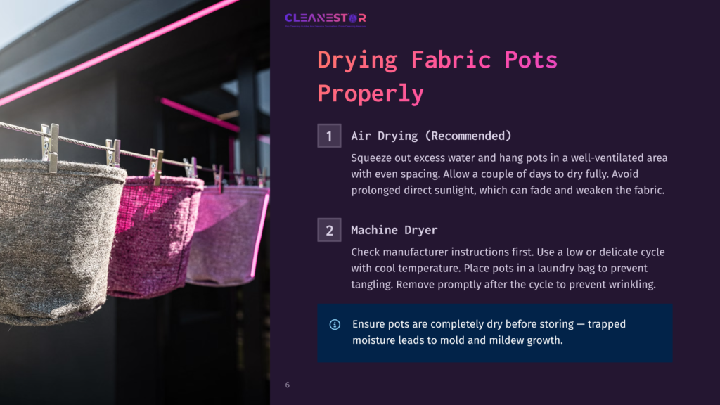 Three Fabric Pots, One Gray And Two Pink, Hang On A Clothesline Outdoors, Drying In The Sun. The Image Includes Text: &Quot;Cleanestor Drying Fabric Pots Properly.