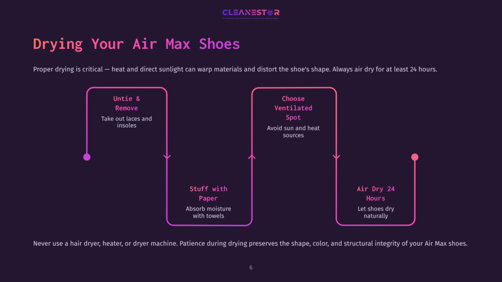 Infographic Titled &Quot;Drying Your Air Max Shoes&Quot; Showing A Step-By-Step Process: Untie &Amp; Remove Laces And Insoles, Stuff With Paper To Absorb Moisture, And Choose Ventilated Spot To Air Dry For 24 Hours, Avoiding Sun.