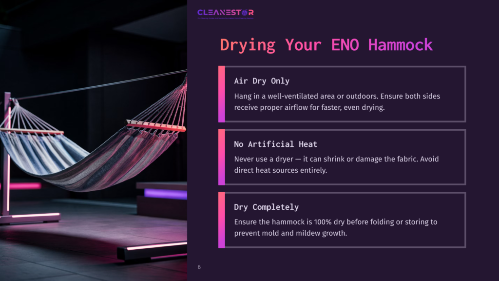 A Grey And White Striped Eno Hammock Is Hung Between Two Modern Metal Stands, Set Against A Dark Background With Purple Lighting. The Image Includes Text About Drying An Eno Hammock: &Quot;Air Dry Only&Quot;, &Quot;No Artificial Heat&Quot;, And &Quot;Dry Completely&Quot;.