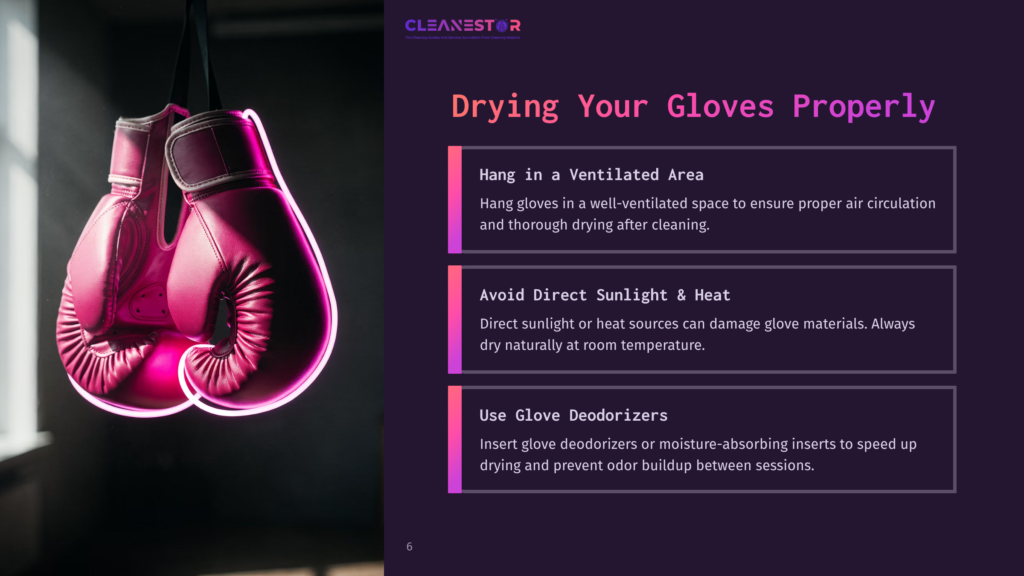 6 Drying Your Gloves Properly Pink Boxing Gloves Hang From A Hook, Glowing With Neon Light, Next To Text About Drying And Deodorizing Gloves Properly.
