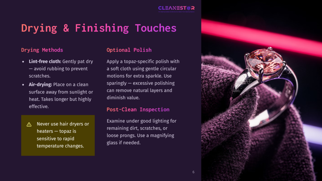 6 Drying And Finishing Touches 1 Close-Up Of A Large, Sparkling Topaz Ring Being Held By A Textured, Deep Purple Fabric. The Ring'S Setting Is Intricate, And The Gemstone Catches The Light, Suggesting A Luxurious Cleaning And Finishing Touch.