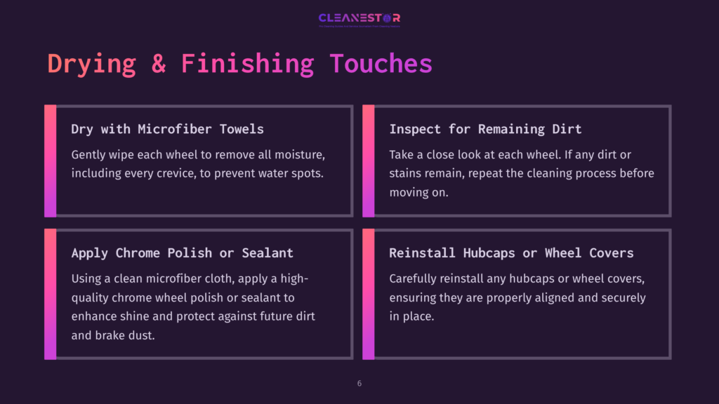 A Dark Purple Presentation Slide With The Title &Quot;Drying &Amp; Finishing Touches&Quot; And Four Sections Detailing Car Wheel Cleaning Steps: Dry With Microfiber Towels, Inspect For Remaining Dirt, Apply Chrome Polish Or Sealant, And Reinstall Hubcaps Or Wheel Covers.